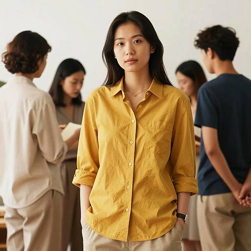 Woman in Mustard Shirt Among Crowd