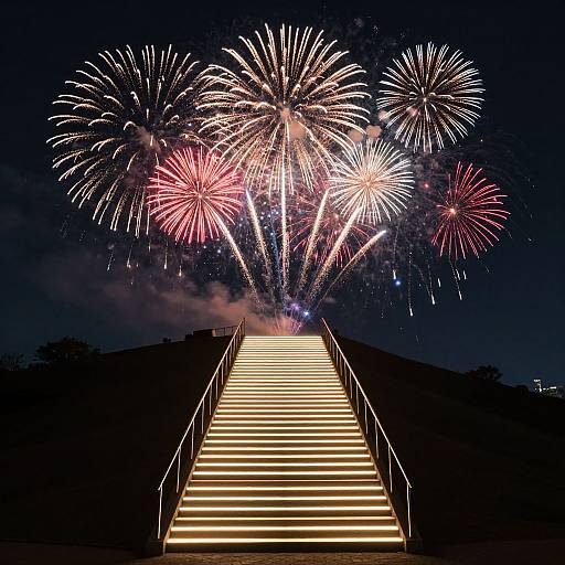 Photograph of a brightly lit staircase leading up to a fireworks display at night, with colorful red, white, and pink fireworks exploding above.