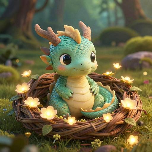 Tiny Dragon in Mystical Woodland Nest
