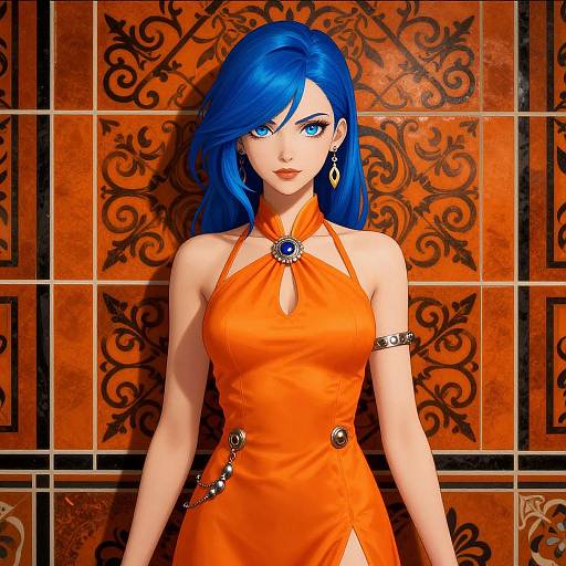 Digital anime-style artwork of a blue-haired woman with bright blue eyes, wearing an orange halter dress, ornate jewelry, and standing against a pattern