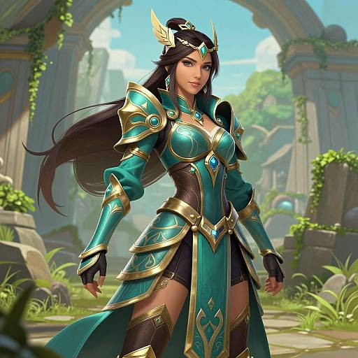 Digital artwork of a fierce, dark-haired woman in teal and gold armor with a gemmed tiara, standing in a sunlit, overgrown ruins