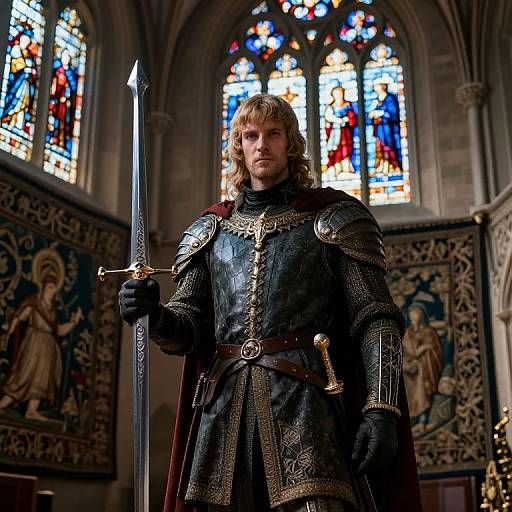 Photograph of a medieval knight with long blonde hair, wearing ornate black armor, holding a sword, standing in a grand, stained glass cathedral.
