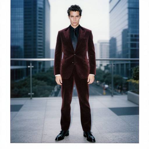 Photograph of a serious, dark-haired man in a dark maroon velvet suit, black shirt, and tie, standing on a modern rooftop with city