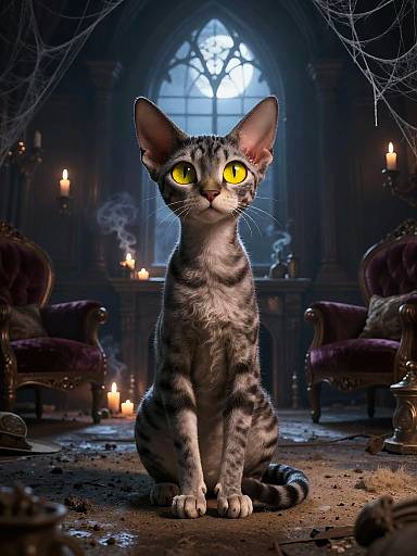Photorealistic digital art of a silver tabby cat with glowing yellow eyes, sitting in a dark, gothic room with candles, spider webs,