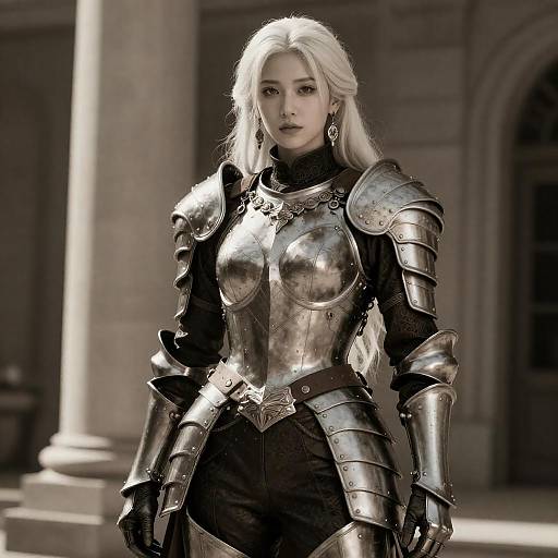 Armored White-Haired Warrior in Sepia