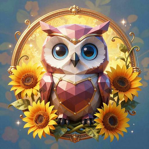 Chibi Geometric Owl in Floral Medallion