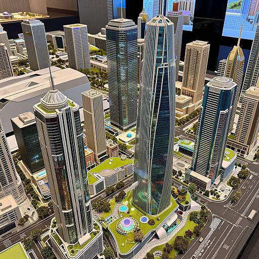 Photorealistic CGI of a vibrant, modern cityscape featuring tall, glass skyscrapers with illuminated interiors, surrounded by green parks and streets.