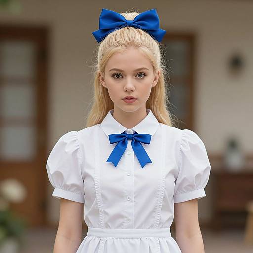 Photograph of a young blonde woman with blue bow in hair, wearing a white puffed-sleeve dress with blue bow, standing indoors.