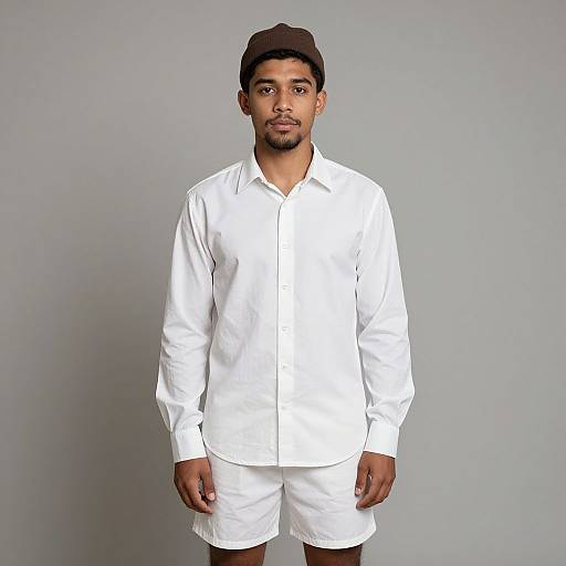 Photograph of a young South Asian man with medium brown skin, short black hair, and trimmed beard, wearing a white long-sleeve shirt and