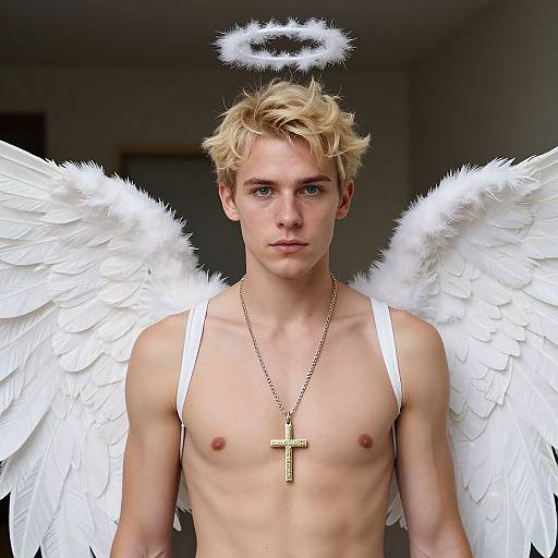 Photograph of a young, blond, blue-eyed man with white angel wings, halo, and a gold cross necklace, shirtless, looking serious.
