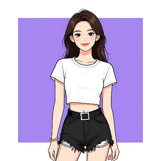 Digital anime-style drawing of a smiling young woman with long brown hair, wearing a white crop top and black frayed shorts, against a purple background.