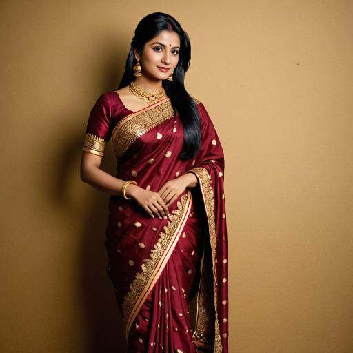 Indian Woman in Maroon Saree with Gold Zari Work