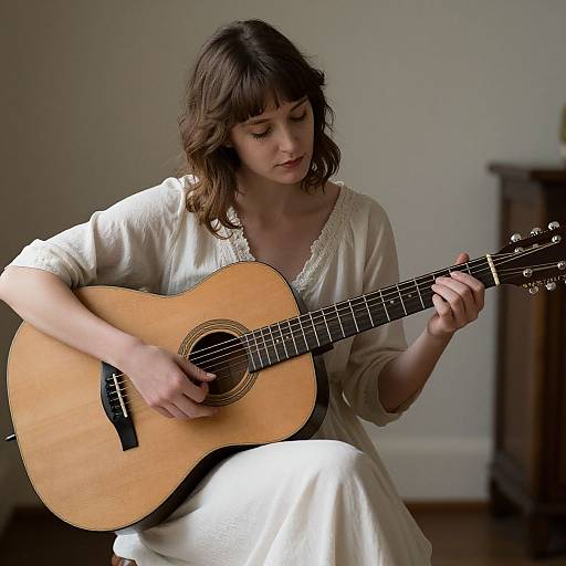 Photograph of a fair-skinned, brown-haired woman in a white, embroidered blouse playing an acoustic guitar indoors, with soft natural light.