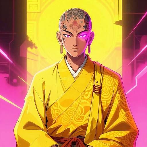 Digital artwork of a bald, tattooed man with glowing purple eye, wearing a yellow kimono, against a bright yellow and pink neon background.