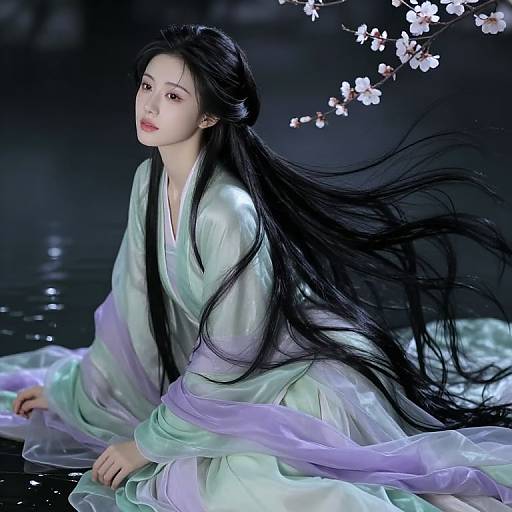 Photograph of an East Asian woman with long black hair, wearing a flowing, pastel green and lavender kimono, kneeling by a dark, reflective