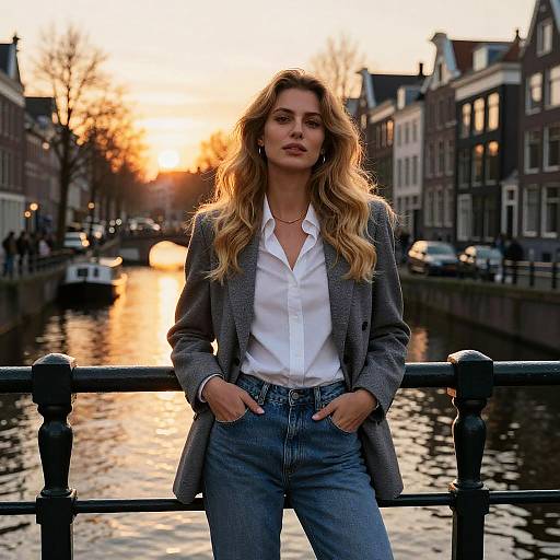Photograph of a blonde woman with wavy hair, wearing a gray blazer, white shirt, and blue jeans, standing on a canal bridge at
