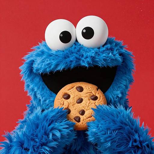 Photograph of blue Cookie Monster with large white eyes, holding a chocolate chip cookie, against a vibrant red background.