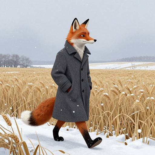 Anthropomorphic Fox in Blizzard Wheat Field