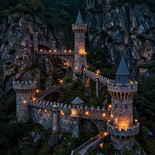 Photograph of a medieval stone castle with illuminated torches, featuring multiple towers and arched bridges, nestled in a rocky, forested mountainscape at