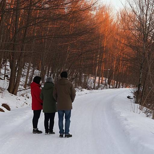 Three People Standing on Snowy Path at Sunset