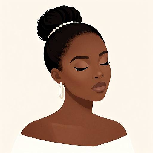 Digital illustration of a dark-skinned woman with closed eyes, black hair in a bun adorned with white pearls, wearing large white earrings, and nude lipstick