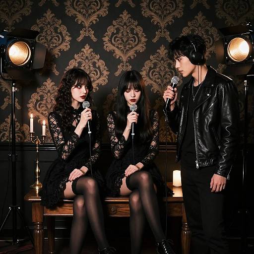 Photograph of three gothic-style singers with black lace dresses and leather jackets, singing into microphones in a dimly lit room with ornate,