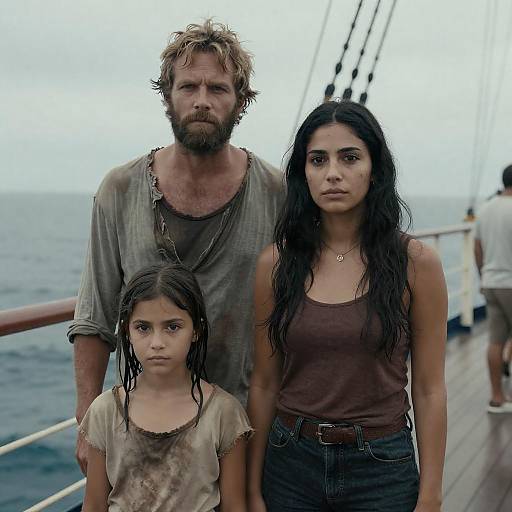 Serious Trio on a Ship Deck