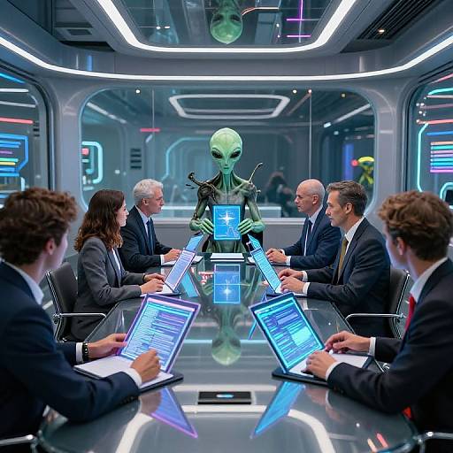 Science fiction meeting: Green alien with glowing eyes stands between six businesspeople in suits, all using illuminated laptops in futuristic, neon-lit room.