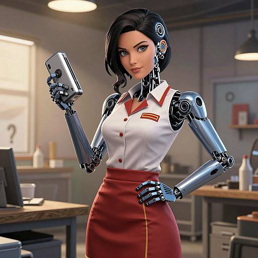 Comic Book Robotic Waitress in Workshop