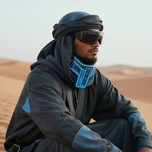 Photograph of a Middle Eastern man in dark desert attire, black headwrap, blue glowing neck piece, and sunglasses, seated in a sandy desert.