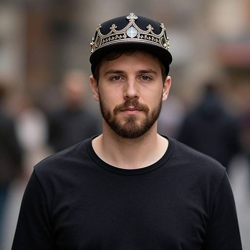Photograph of a bearded man with dark hair, wearing a black crown and black shirt, standing in a blurred urban background.