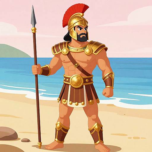 Digital illustration of a muscular, bearded ancient Greek warrior with red plume, gold armor, and spear, standing on a sandy beach with blue ocean