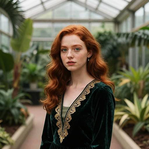 Red-Haired Girl in Tropical Greenhouse