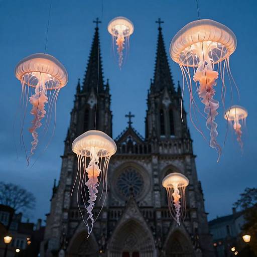 Photograph of glowing jellyfish lanterns hanging against a twilight blue sky, with a Gothic cathedral in the background.
