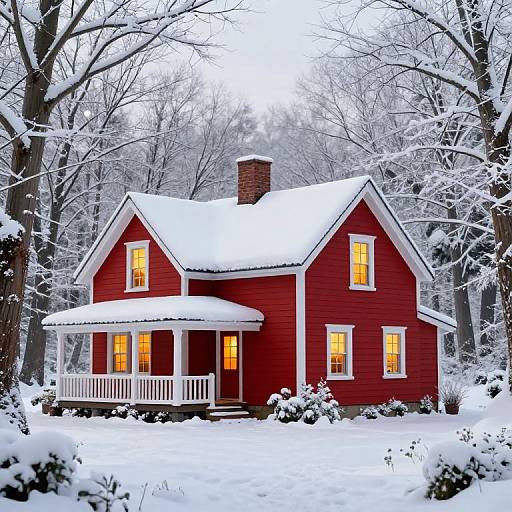 Photograph of a red, two-story house with white trim, lit yellow windows, snow-covered roof, and surrounded by a snowy forest.