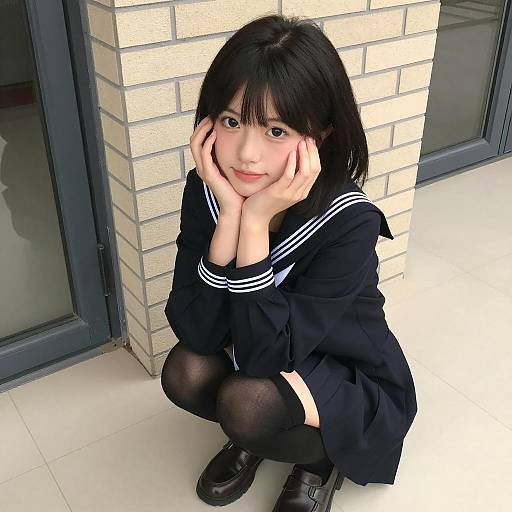 Crouching Asian Girl in Sailor Uniform