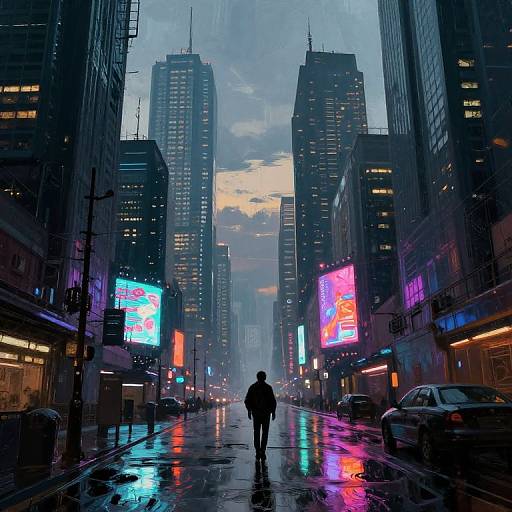 Photograph of a rainy city street at dusk, showcasing a lone person walking amidst towering skyscrapers with vibrant neon signs and reflective wet pavement.