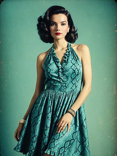 Woman in Snake Print Halterneck Dress