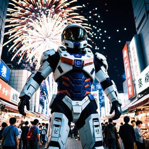 Futuristic Space Ambassador in Battle Suit at Night Market