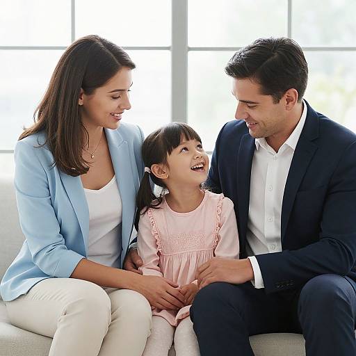 Photograph of a smiling brown-haired mother, father, and young daughter in casual and formal clothes, sitting on a white couch, with bright windows in