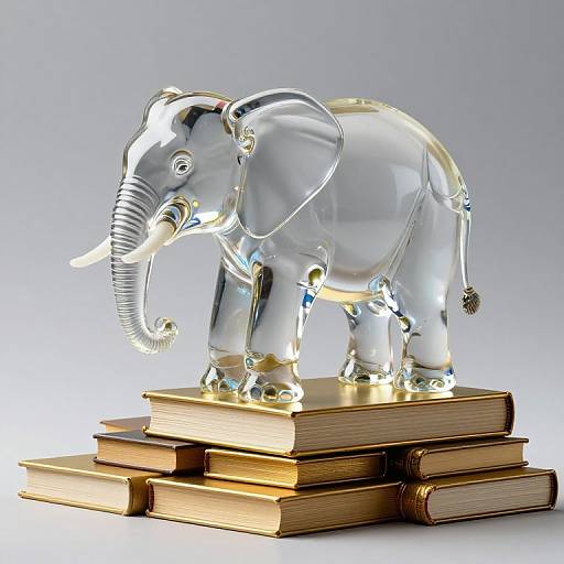 Glass elephant statue with reflective surface, standing on stacked, gold-trimmed books, against a gradient gray background. Photorealistic CGI.