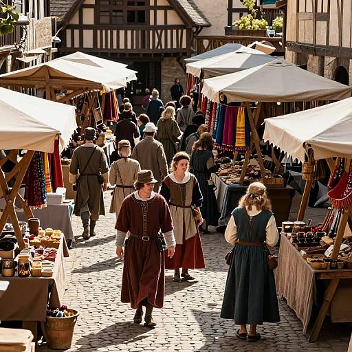 Medieval market scene photograph: Crowded cobblestone street with people in period clothing, white market tents, colorful garments, and wooden stalls.