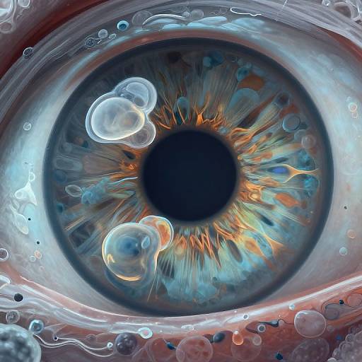 Close-up digital artwork of a vibrant blue and orange eye with intricate radial patterns, surrounded by floating, translucent bubbles.