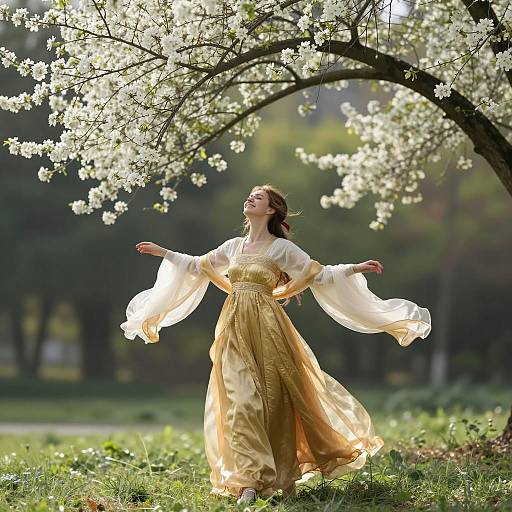 Joyful Woman in a Golden Dress