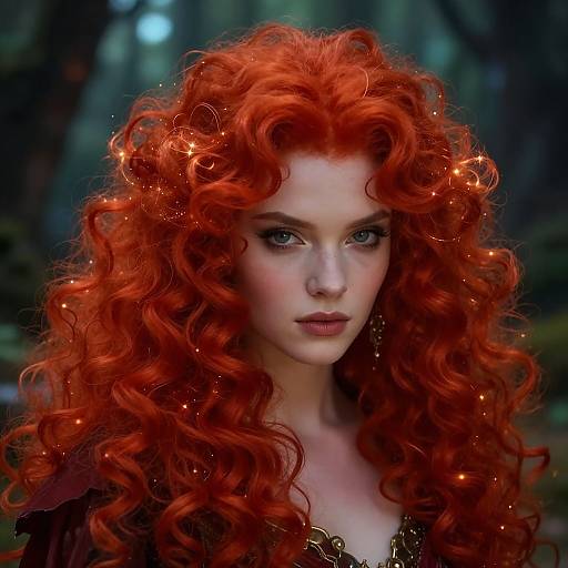 Photograph of a fair-skinned woman with vivid, curly red hair glowing with small orange lights, set against a dark, forested background.