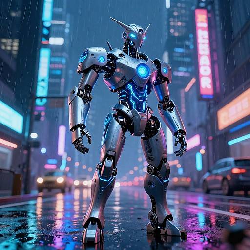 Cybernetic robot stands in neon-lit, rain-soaked futuristic city street, glowing blue lights reflecting on wet pavement. Photorealistic CGI