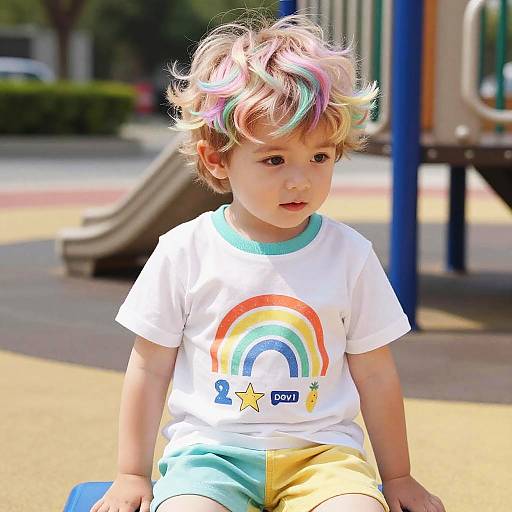 Photograph of a young boy with curly, multi-colored hair, wearing a white shirt with a rainbow and stars, and yellow-green pants, sitting in