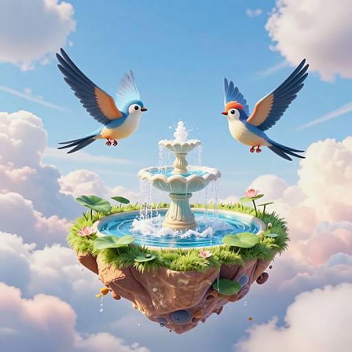 Digital illustration of two colorful birds with blue, orange, and white feathers, flying around a floating fountain on a grassy rock island, against a bright