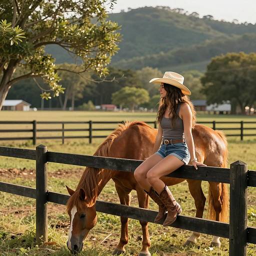 Cowgirl Relaxing in Sunlit Meadow