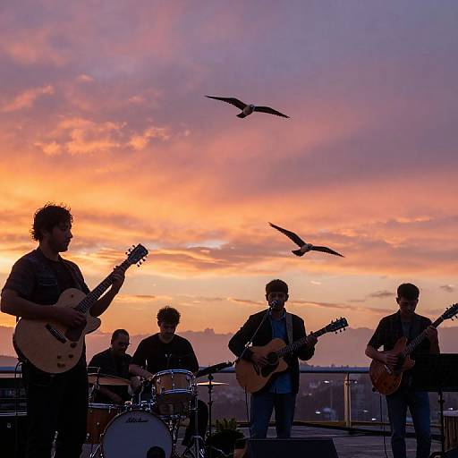Photograph of a sunset rooftop band with four musicians playing guitars and drums, silhouetted against a vibrant orange and pink sky, with two birds